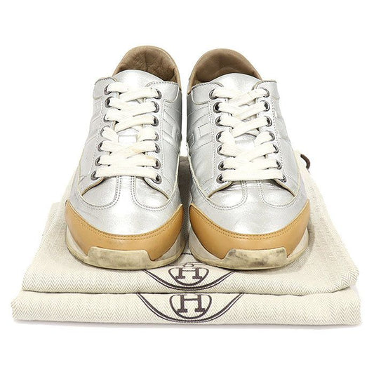 Hermes Silver Nappa Brown Leather Trimming GOAL Women's Sneakers 36 104680595
