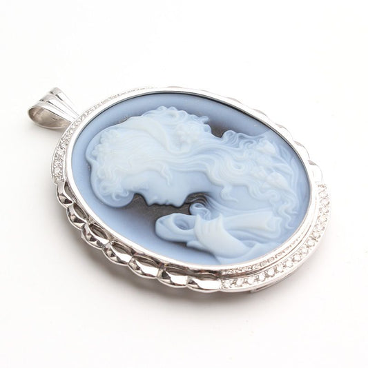 Other Brand Lady in Blue 750 White Gold Cameo Brooch Pendant 105295767