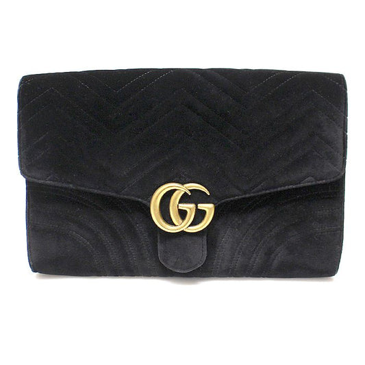 GUCCI 498079 ブラック ベルベット マトラッセ シェブロン ゴールド トーン GG マーモント クラッチ 106863312