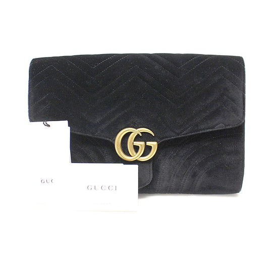 GUCCI 498079 ブラック ベルベット マトラッセ シェブロン ゴールド トーン GG マーモント クラッチ 106863312