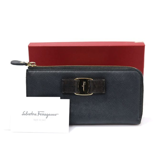 Salvatore Ferragamo Black Saffiano Leather Gold-tone Vara Half-Zip Continental Long Wallet C124 110645745