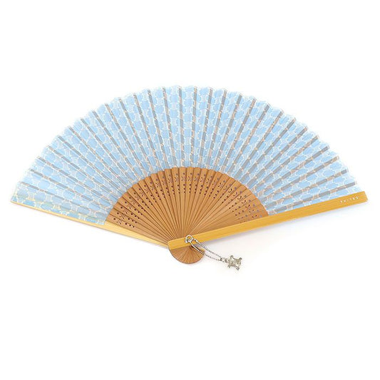 Celine Blue Fabric Tri-Pe Punch Wood Folding Fan 109-5026-E 111016730