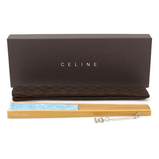 Celine Blue Fabric Tri-Pe Punch Wood Folding Fan 109-5026-E 111016730