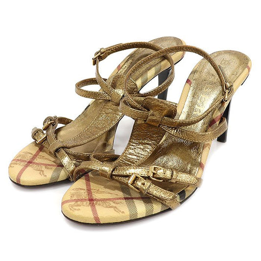 BURBERRY PVC Haymarket Check Canvas Metallic Gold Leder Riemen Absatzsandalen Damen 38 111229995