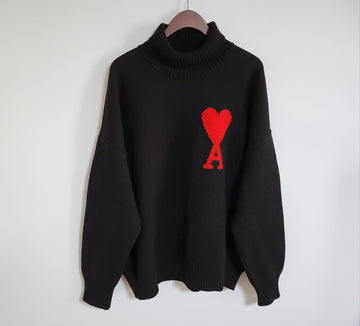 AMI L schwarzer Intarsien Big Heart Rollkragen-Wollpullover H20HK203 018 111402195