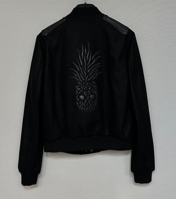 SAINT LAURENT レザー パネル パイナップル 刺繍 ウール ボンバージャケット 55 66 114718855