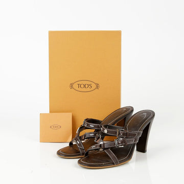 Tods Brown Leather Strap Heel Sandals 7 41478775