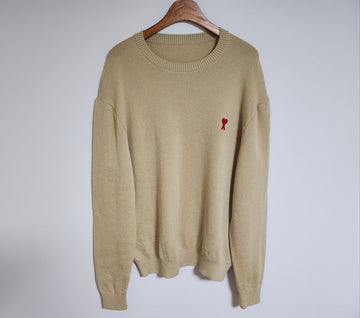 AMI XXL Beige Small Heart Embroidery Wool Knit A1017 115110623