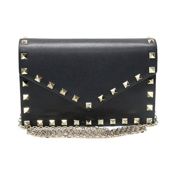 VALENTINO ブラックカーフスキンラックスタッドエンベロープミニポーチチェーンクロスバッグ 22891VT 115519656
