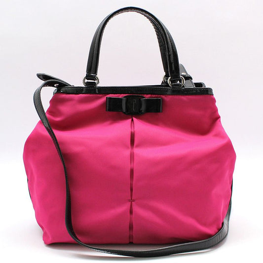Salvatore Ferragamo 21-E309 Hot Pink Fabric Black Patent Vara Shoulder Crossbody Bag 115730945