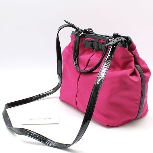 Salvatore Ferragamo 21-E309 Hot Pink Fabric Black Patent Vara Shoulder Crossbody Bag 115730945