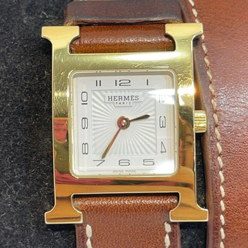 HERMES H Hour Armbanduhr mit doppeltem Lederband in Goldfarbe 201 H1.201 117008558