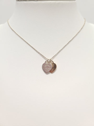 Tiffany & Co 18K Rose Gold Silver Double Heart Tag Pendant Mini Necklace 117080245