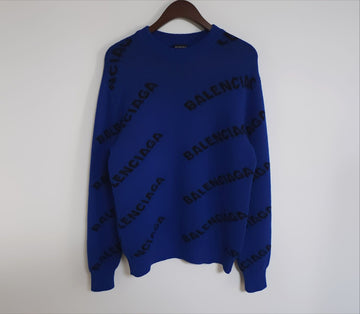 BALENCIAGA XS コバルトブルー マルチロゴ ウール ニット 555486 T1473 117820497