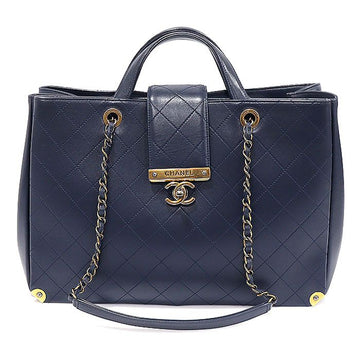 CHANEL A93518 Navy Kalbsleder Quilting Metallkette Tote 2WAY (23. Reihe) 118929944