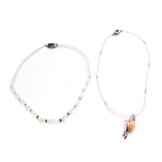 Other Brand Crystal Bead Necklace + Coral Rose Brooch Pendant Necklace Set 119933003