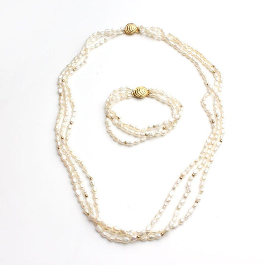 Other Brand Triple Layer Rice Grain Pearl Necklace and Bracelet Set 119960384
