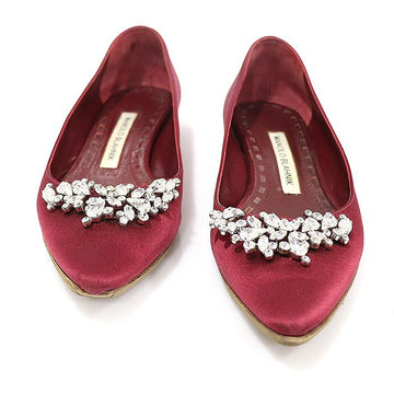 Manolo Blahnik Burgundy Satin Crystal Jewel LURUM Ballerina Women's Flat Shoes 35 120244225