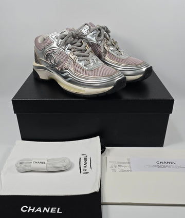 CHANEL Sneakers Fabric Laminated & Pink Silver (250) 120697546