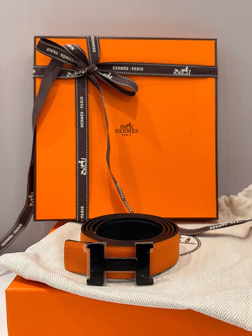 HERMES ウーマン リミテッド グロッシーブラック クラシック ブラック オレンジ リバーシブルベルト 120830100