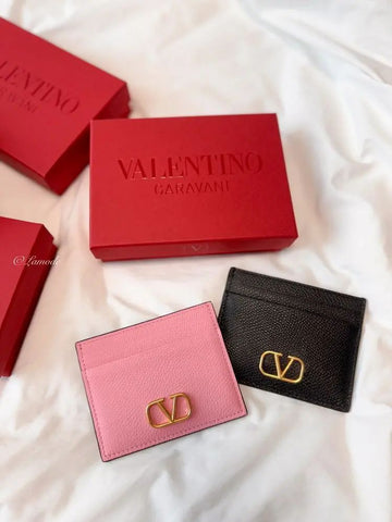 Valentino V Logo Signature Grained Calfskin Card Holder Black Pink P0V32SNP0NO 96102621
