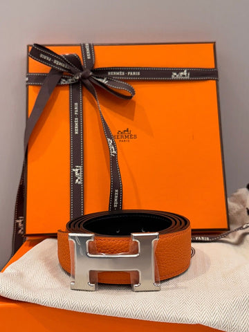 HERMES Silber Klassisch Schwarz Orange Wendegürtel 121109127