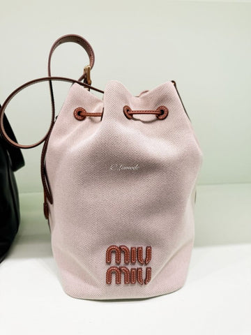 MIU MIU キャンバスレザーバケットバッグ ベージュブランディ 5BE089 2CRN F062F 121601866