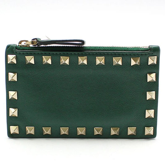 Valentino Green Leather Gold-tone Rockstud Zip Card Holder 2P0548BOL 121892604