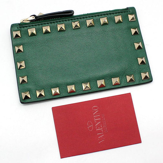 Valentino Green Leather Gold-tone Rockstud Zip Card Holder 2P0548BOL 121892604