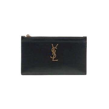 SAINT LAURENT ブラック スムース カーフスキン ゴールド モノグラム ビル ポーチ / 636316 122362310