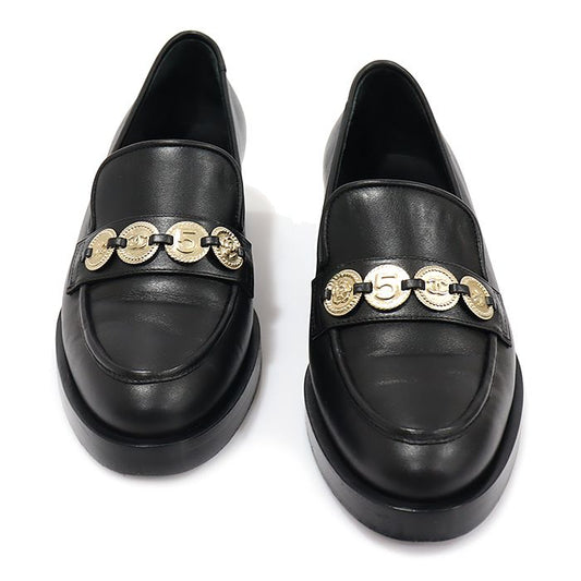 CHANEL Black Calfskin Gold Medallion Coin Women's Loafers 38.5C G37932 122689130