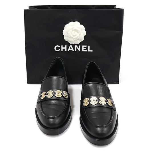 CHANEL Black Calfskin Gold Medallion Coin Women's Loafers 38.5C G37932 122689130