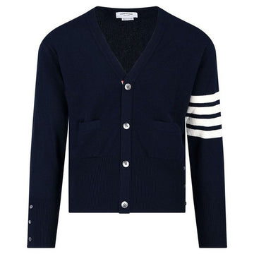 THOM BROWNE Klassische V-Ausschnitt Cardigan mit diagonalen Streifen Navy 415 123042418