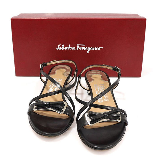 Salvatore Ferragamo Black Leather Silver-tone Ribbon Strap Mid-heel Women's Sandals 6.5D CO27191FE 123524837