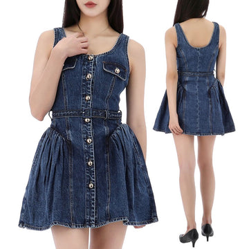 Self-Portrait Flare Denim Mini Dress RS25800SBL Blue 123904233