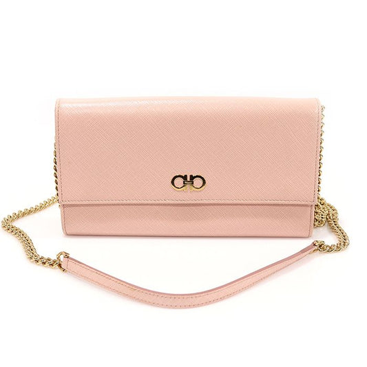 SALVATORE FERRAGAMO 22 C506 ピンク サフィアーノ レザー ゴールド ダブル ガンチーニ フラップ WOC チェーン クロスバッグ 123908319