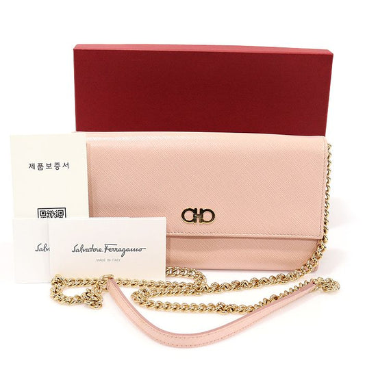 SALVATORE FERRAGAMO 22 C506 ピンク サフィアーノ レザー ゴールド ダブル ガンチーニ フラップ WOC チェーン クロスバッグ 123908319