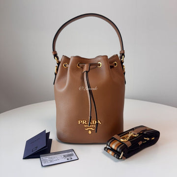 PRADA Vitello Phoenix Bucket Bag Brown 1BE072 2E8K F03BH 124303441