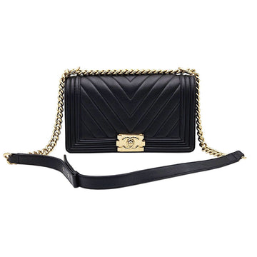 CHANEL Schwarze Kalbsleder Boy Mittel Klappen Schultertasche A67086 124345096