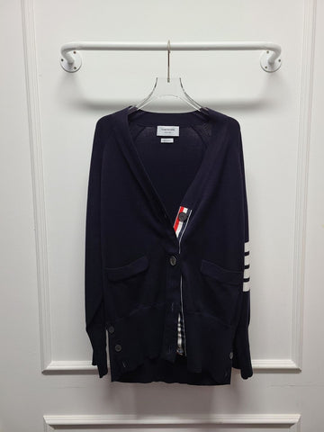 Thom Browne Navy Striped Cotton Sleeve V-Neck Cardigan 124527536