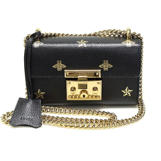 GUCCI 432182 ブラック レザー ビ スター パドルロック スモール ショルダーバッグ 125070772