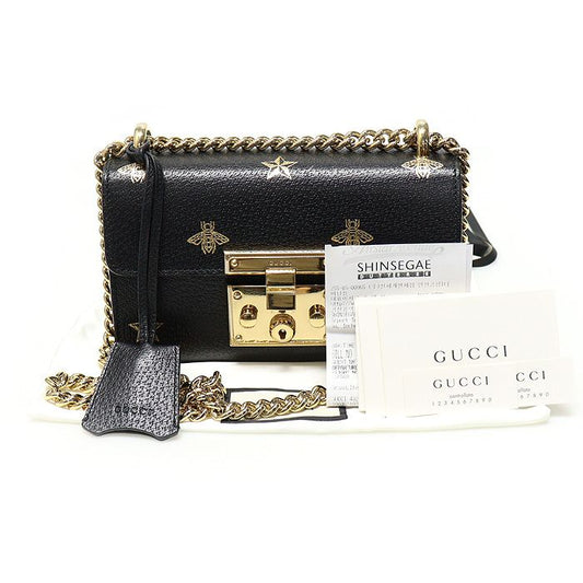 GUCCI 432182 ブラック レザー ビ スター パドルロック スモール ショルダーバッグ 125070772