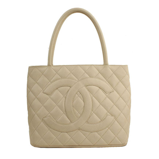 CHANEL Cream Beige Caviar Antique Gold CC Coin Tote 125209365