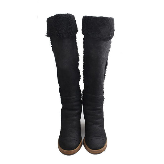 CHANEL Muster Schwarz Wedge Stiefel 240 125265051