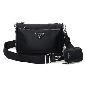 PRADA 1BH168 ブラック テスート サフィアーノ トライアングル ロゴ リナイロン クロスバッグ 2WAY 125781343