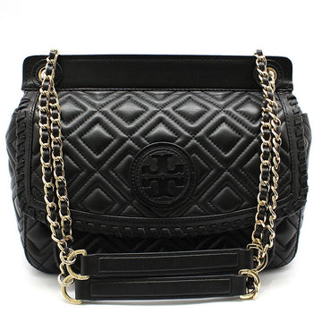 TORY BURCH Schwarze gesteppte Leder Marion Schultertasche mit goldener Kette 125836515