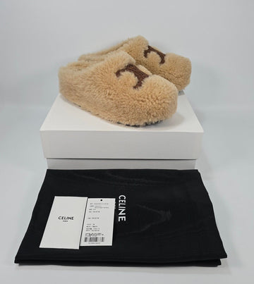CELINE Shearling Triomphe Patch Logo Mule Loafer 38 127031581