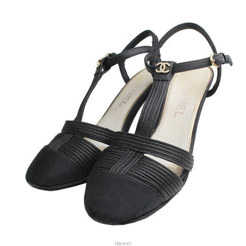 CHANEL Black Leather T-Strap Sandals 36.5 C 127211115