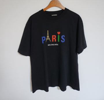 BALENCIAGA M Schwarz Paris Logo Herren T-Shirt 594579 TGV43 129876740
