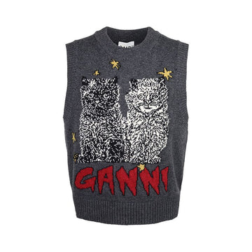 GANNI ウィメンズ キャッツ グラフィック ウール ニット ベスト 084 K2375 130772344